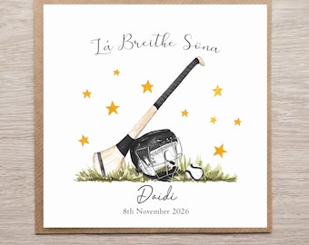 Gaelic Hurling Themed Birthday Card, Personalised Irish Language GAA Themed Card