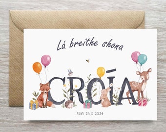 Girls Irish Language Birthday Card, Party Animal Themed Personalised Birthday Card, Birthday Celebration Card, Custom Birthday Greeting Card