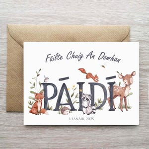 Boys Irish Language Personalised New Baby Birth Card,  Baby Card, Welcome To The World Card, Fáilte Card, Forest Animal Birth Card, Failte