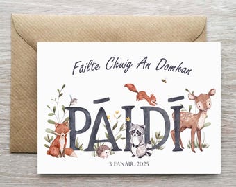Spersonalizowana karta narodzin dziecka dla chłopców w języku irlandzkim, Karta dla dziecka, Karta powitalna, Karta z wizerunkiem leśnego zwierzęcia, Karta z wizerunkiem zwierzęcia