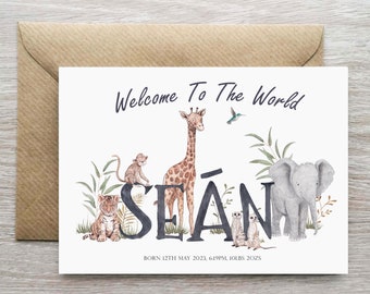 Boys Welcome To The World Personalised Baby Card, New Baby Boy Card, Card For New Baby Boy, Safari Animal Baby Card, Welcome Baby Card, Zoo