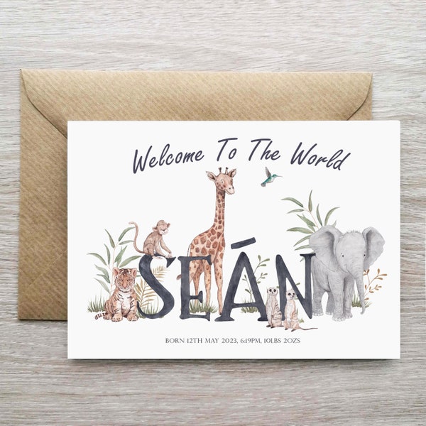 Boys Welcome To The World Personalised Baby Card, New Baby Boy Card, Card For New Baby Boy, Safari Animal Baby Card, Welcome Baby Card, Zoo