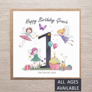 Tarjeta de cumpleaños personalizada con temática de hadas, tarjeta de celebración de cumpleaños, tarjeta de felicitación de cumpleaños personalizada para niños, tarjeta de primer cumpleaños de hada