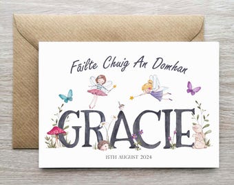 Fairy Themed Irish Language New Baby Card,  Personalised New Baby Card, Welcome To The World Fairy Card For Babies, Fáilte  Chuig An Domhan