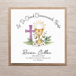 Carte de communion personnalisée pour fille en langue irlandaise. Carte de première communion, carte en gaélique, jour de communion de la filleule, cadeau de communion
