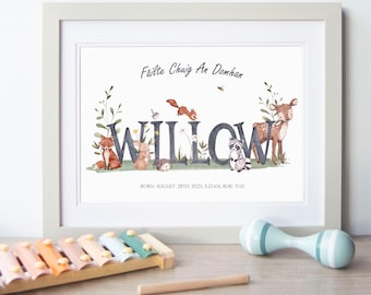 Unisex Irish Language Welcome to the World Name Print, Personalised  Baby Name Print, Baby Print For Nursery, New Baby Gift, Woodland Animal