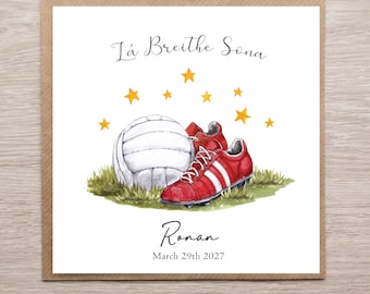 Gaelic GAA football Themed Birthday Card, Personalised Irish Language GAA Themed Card