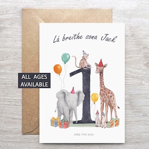 Verjaardagskaart Ierse taal voor jongens, gepersonaliseerde verjaardagskaart junglethema, Lá Breithe-kaart, leuke aangepaste verjaardagskaart voor kind