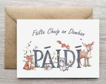 Boys Irish Language Personalised New Baby Birth Card,  Baby Card, Welcome To The World Card, Fáilte Card, Forest Animal Birth Card, Failte