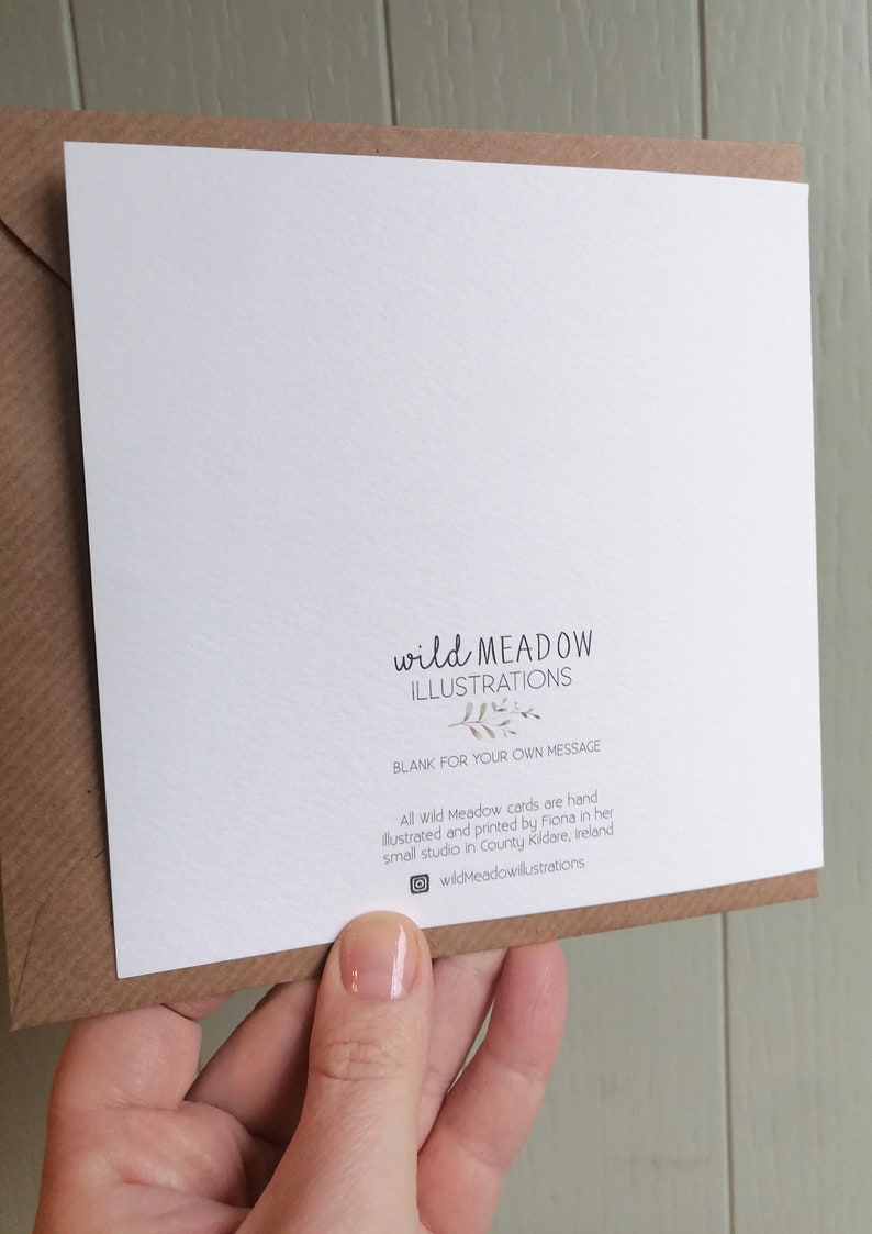 May include: A square white greeting card with a brown envelope. The card features the text "wild MEADOW ILLUSTRATIONS" with a small leaf graphic, "BLANK FOR YOUR OWN MESSAGE", and additional text detailing the hand-illustrated production in Ireland.