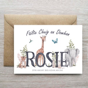 Niñas en idioma irlandés nueva tarjeta de bebé personalizada, tarjeta de bebé, Anam Cárta, tarjeta Fáilte, tarjeta de bebé safari animal, tarjeta de animal del zoológico, regalo de bebé
