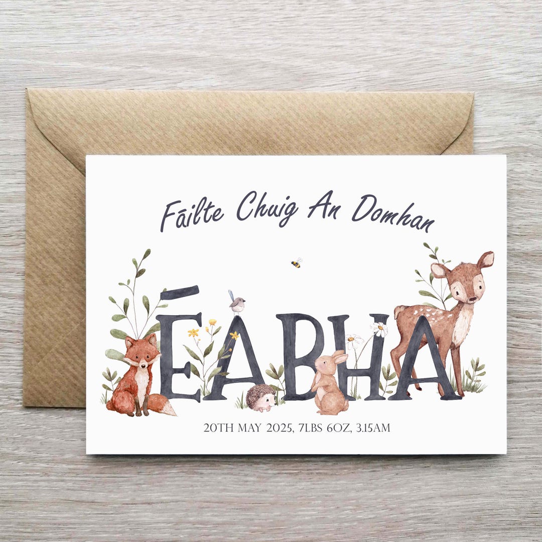 Girls Irish Language Personalised New Baby Birth Card, Baby Card ...