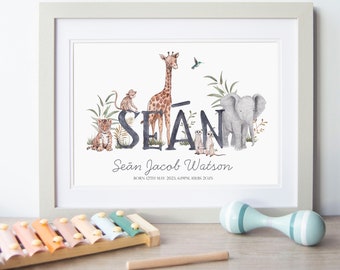 Baby Boys Jungle Animal Name Print Illustration, Nursery Wall Art, Personalised Art, Name Print, Naming Day, Nursery Decor, Baby Gift, Zoo