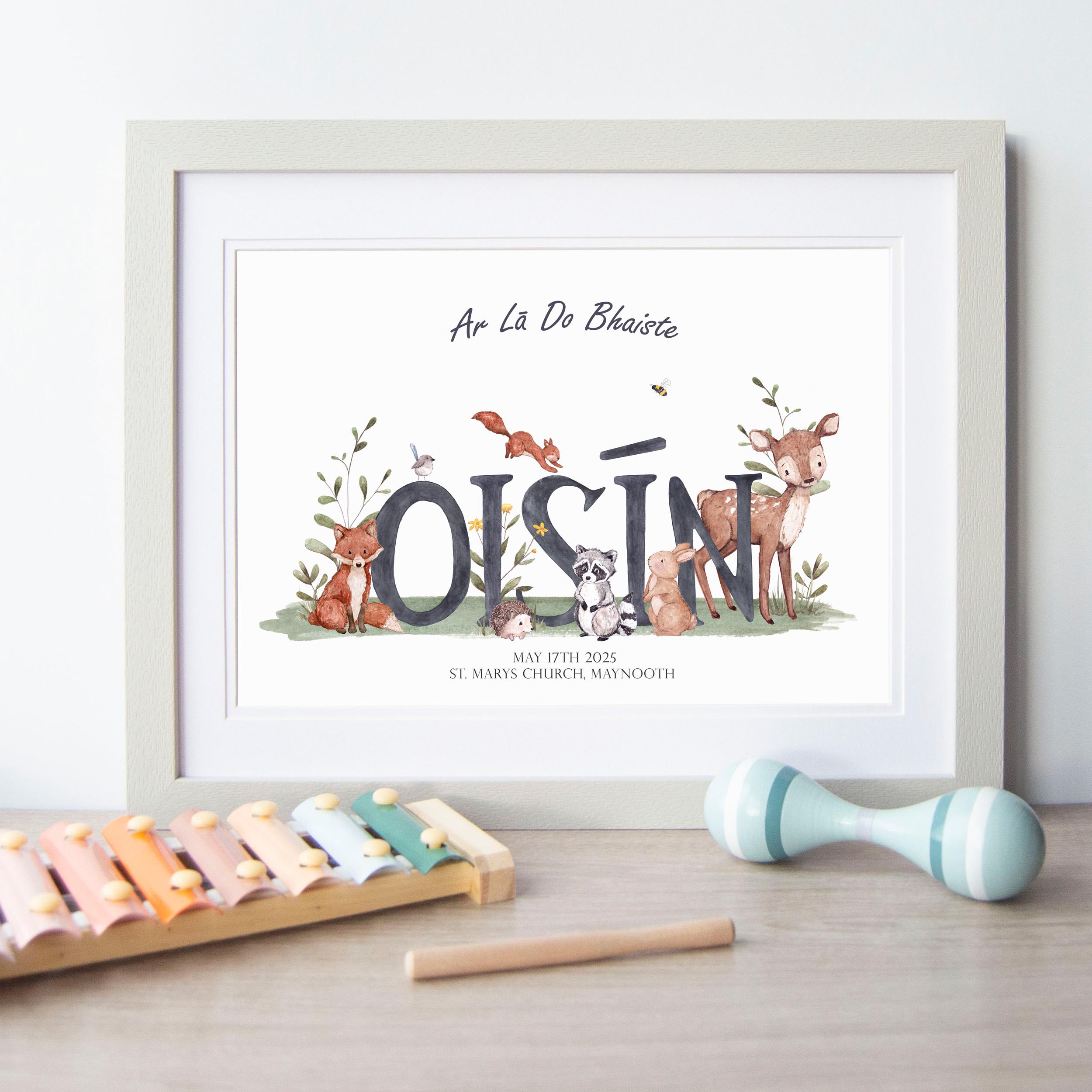 Unisex Irish Language Christening Print, Personalised  Baptism Name Print, Christening Gift For Baby, Boys Girls Christening Gift