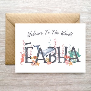 Tarjeta de bebé personalizada con temática del océano, nueva tarjeta de nacimiento de niña, tarjeta de bienvenida para bebé nuevo, tarjeta de bebé bajo el mar, tarjeta temática del mar, tema del océano
