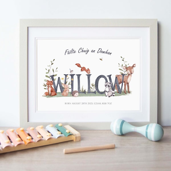 Unisex Irish Language Welcome to the World Name Print, Personalised  Baby Name Print, Baby Print For Nursery, New Baby Gift, Woodland Animal