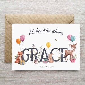 Tarjeta de cumpleaños en idioma irlandés para niñas, tarjeta de cumpleaños personalizada con temática de animales de fiesta, tarjeta de celebración de cumpleaños, tarjeta de felicitación de cumpleaños personalizada