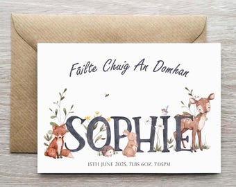 Cartão de Nascimento Personalizado em Irlandês para Meninas, Cartão de Bebê, Cartão de Boas-Vindas ao Mundo, Cartão Fáilte, Cartão de Nascimento com Animais da Floresta, Failte