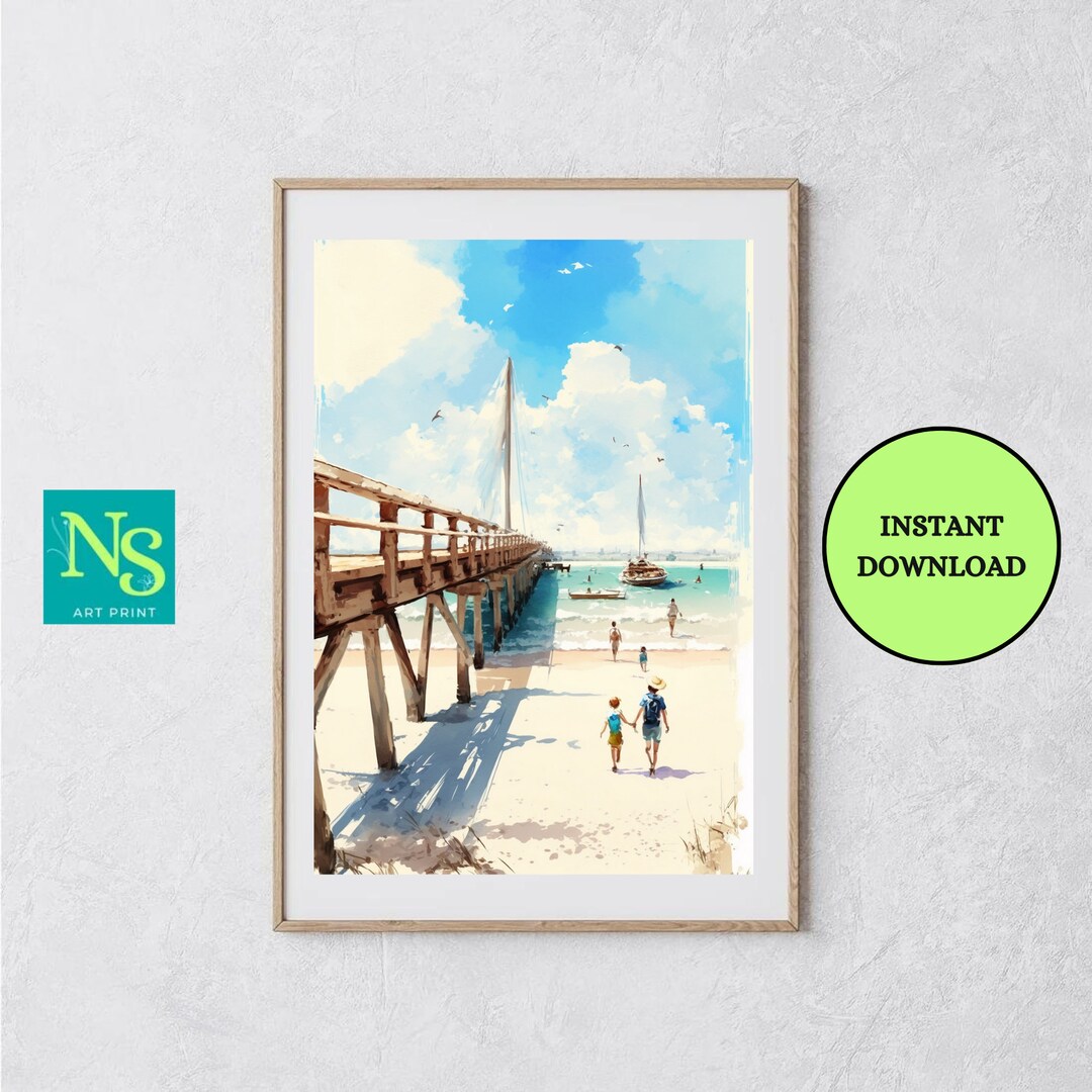 Jetty at Beach Art Print Watercolor Jetty at Beach Art Painting for Living Room, Office, Bedroom