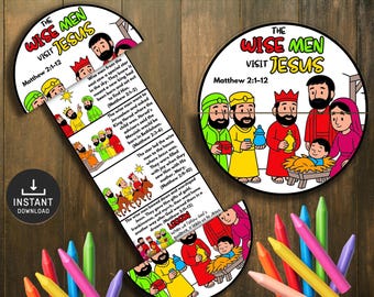 May include: A children's educational puzzle with the text "THE WISE MEN VISIT JESUS" and Bible verses. The puzzle features illustrations of the wise men, Jesus, and other biblical figures. A set of colourful crayons are at the bottom.