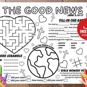 May include: A black and white coloring page with a heart-shaped maze, a world globe, and a word scramble. The page includes the text "The Good News" and "John 3:16-17".