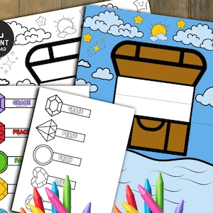 Puede incluir: Colección de páginas para colorear imprimibles con un cofre del tesoro, gemas y palabras inspiradoras como "Gracia", "Paz" y "Fe". Las páginas están diseñadas con contornos negros y están listas para colorear con crayones.