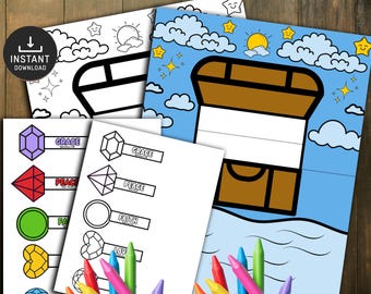 Skarby w niebie – praca plastyczna dla dzieci, szkoła niedzielna, lekcja historii biblijnej, zajęcia na niedzielę, zajęcia na podstawie Ewangelii Mateusza 6, praca plastyczna „Skarby w niebie”