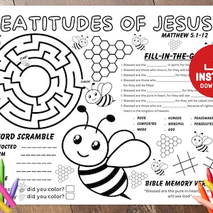 The Beatitudes of Jesus, Bible activity, Sunday School Activities, Bible Placemat, Church Kid Activity, Sunday School craft, Sunday School