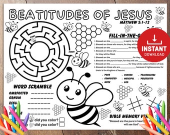 The Beatitudes of Jesus, Bible activity, Sunday School Activities, Bible Placemat, Church Kid Activity, Sunday School craft, Sunday School