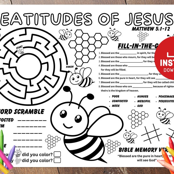 The Beatitudes of Jesus, Bible activity, Sunday School Activities, Bible Placemat, Church Kid Activity, Sunday School craft, Sunday School