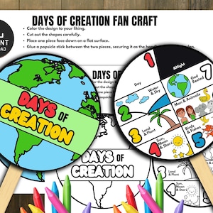 May include: A craft kit with two circular fan designs, one showing a globe and the other illustrating the seven days of creation, with the text "DAYS OF CREATION." Includes instructions and coloured crayons.