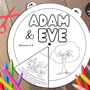 Adam and Eve Coloring Wheel, Printable Bible Activity, Watercolor, Kids Bible Lesson, Memory Game, Sunday School, Bible Story Wheel