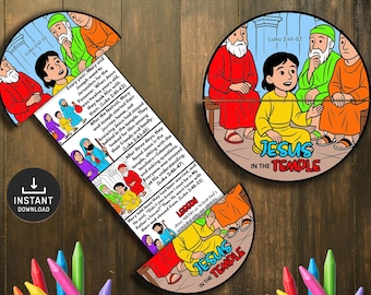 Könnte beinhalten: Ein farbenfrohes, illustriertes Kinderhandwerk mit der Geschichte von Jesus im Tempel. Das Design umfasst ein kreisförmiges Bild mit dem Text "Jesus im Tempel" und einen ausziehbaren Abschnitt mit Text und Illustrationen. Die Worte "Sofort-Download" sind ebenfalls sichtbar.