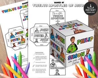 Names of the twelve apostles Coloring Cube, Bible Verse Activity, Kids Bible Lesson, Memory Game, Sunday School Craft, Coloring Wheel