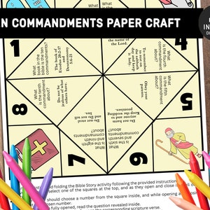 May include: A printable paper craft activity for kids to learn about the Ten Commandments. The paper craft is shaped like a fortune teller or cootie catcher. The paper craft has the text "Ten Commandments Paper Craft" at the top and the text "Instant Download" in the upper right corner. The paper craft is divided into eight sections, each with a question about the Ten Commandments. The paper craft is on a wooden surface with colored pencils.