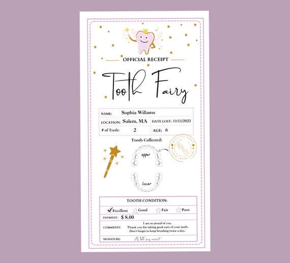 Editable Tooth Fairy Receipt Printable Certificate | First Tooth Lost | Realistic Tooth Fairy Letter | Kids Tooth Fairy Letter | Lost Tooth