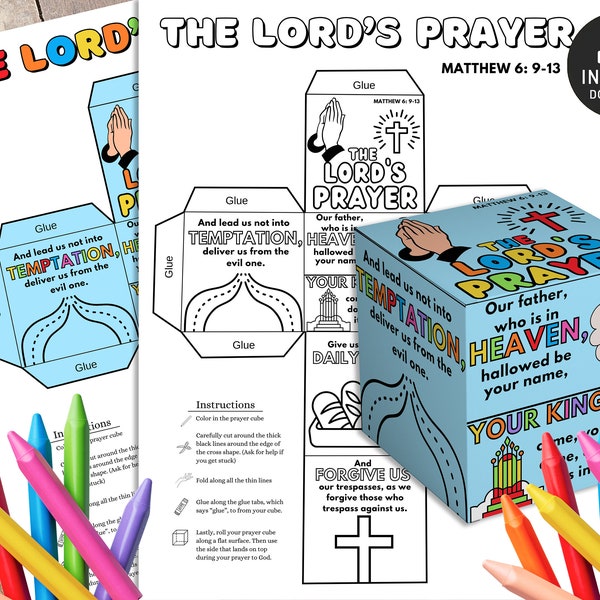 Printable Lords Prayer Cube for Kids, Lord's Bible Verse Sunday School Activity, Spinner Scripture Lesson, Church Bookmark Color Page Memory