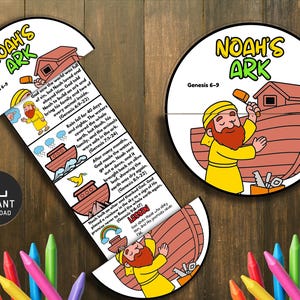May include: A colorful, illustrated educational craft kit with the text "Noah's Ark" and "Genesis 6-9". The kit includes a circular image of Noah building the ark and a strip with illustrated scenes and text from the story. A rainbow and crayons are also visible.