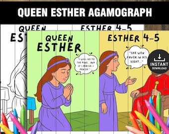 May include: A colorful agamograph featuring Queen Esther from the Bible. The image shows Queen Esther in two scenes, with text bubbles containing quotes. The words "QUEEN ESTHER AGAMOGRAPH" and "INSTANT DOWNLOAD" are also visible.