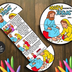 Puede incluir: Un rompecabezas ilustrado y colorido con el texto "MARY ANOINTS JESUS FEET John 12:1-8". El rompecabezas representa escenas de la Biblia, con figuras con túnicas y extractos de texto. Un icono de descarga es visible.