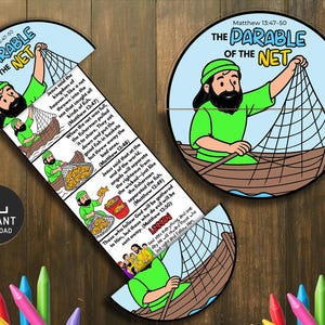 May include: Two illustrated pieces depicting a parable from Matthew 13:47-50, "The Parable of the Net." One is a circular design, the other is a long, curved shape. Both feature a fisherman in a boat with a net, and text from the Bible.