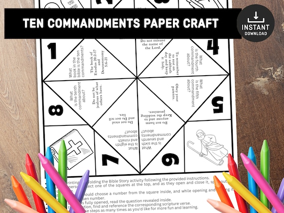 Ten Commandments Bible Story activity, Sunday school craft, Printable paper craft, Fortune Teller, Cootie Catcher, Kids Bible Lesson