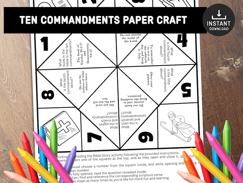 May include: Black and white printable paper craft activity with the title "Ten Commandments Paper Craft". The paper craft is a folded origami fortune teller with questions about the Ten Commandments on each side.