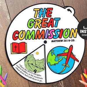 The Great Commission Coloring Wheel, Printable Bible Activity, Kids Bible Lesson, Memory Game, Sunday School, Bible story wheel