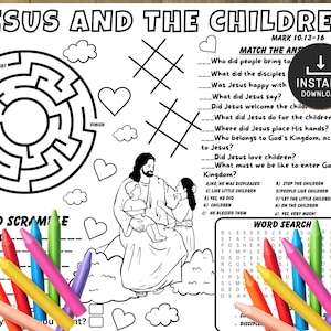 Jesus and the Children Activity Sheet, Bible activities, Church Kids Activity, Sunday School Activities, Coloring Placemat, Bible Placemat
