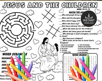 Jesus and the Children Activity Sheet, Bible activities, Church Kids Activity, Sunday School Activities, Coloring Placemat, Bible Placemat