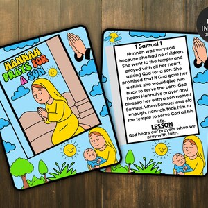 Peut inclure: Deux cartes illustr&eacute;es avec un fond de ciel bleu et le texte "Hannah Prie pour un Fils" et "1 Samuel 1". Les illustrations repr&eacute;sentent une femme en jaune priant et tenant un b&eacute;b&eacute;. Les cartes ont une ic&ocirc;ne "T&eacute;l&eacute;chargement instantan&eacute;".