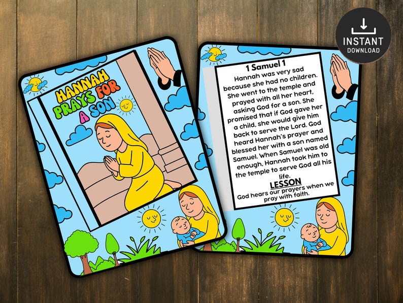 Peut inclure: Deux cartes illustr&eacute;es avec un fond de ciel bleu et le texte "Hannah Prie pour un Fils" et "1 Samuel 1". Les illustrations repr&eacute;sentent une femme en jaune priant et tenant un b&eacute;b&eacute;. Les cartes ont une ic&ocirc;ne "T&eacute;l&eacute;chargement instantan&eacute;".