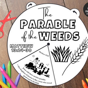 May include: A black and white printable coloring page with the title "The Parable of the Weeds" and the scripture reference "Matthew 13:24-30". The page features a circle divided into sections with illustrations of wheat, weeds, and a man sowing seeds.