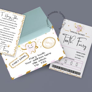 May include: A pink and gold tooth fairy envelope with a tooth fairy receipt. The receipt says "Official Receipt Tooth Fairy" and has a space for the child's name, age, and tooth condition. The envelope has a cartoon tooth with a crown and wings.